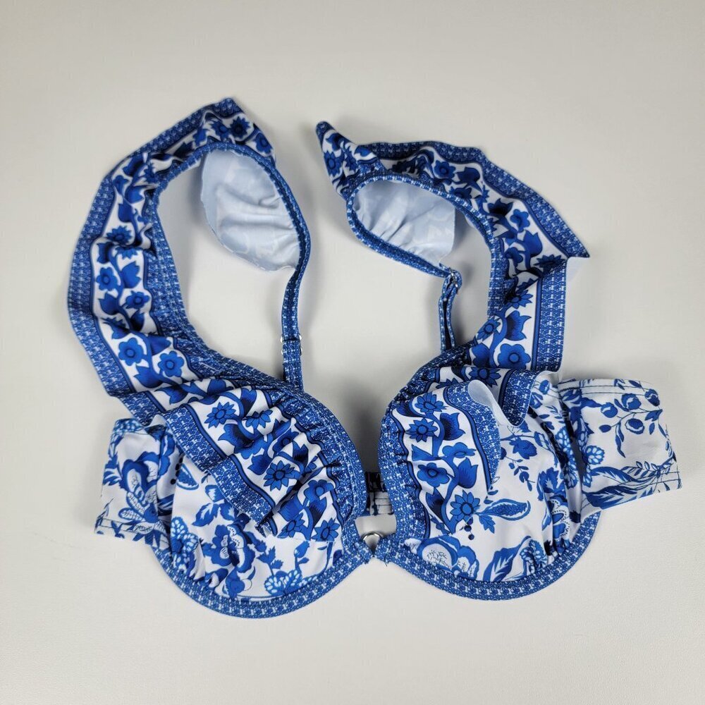 Blue And White Floral Ruffle Underwire Bikini Top Size XS Padded Ad. Spaghetti